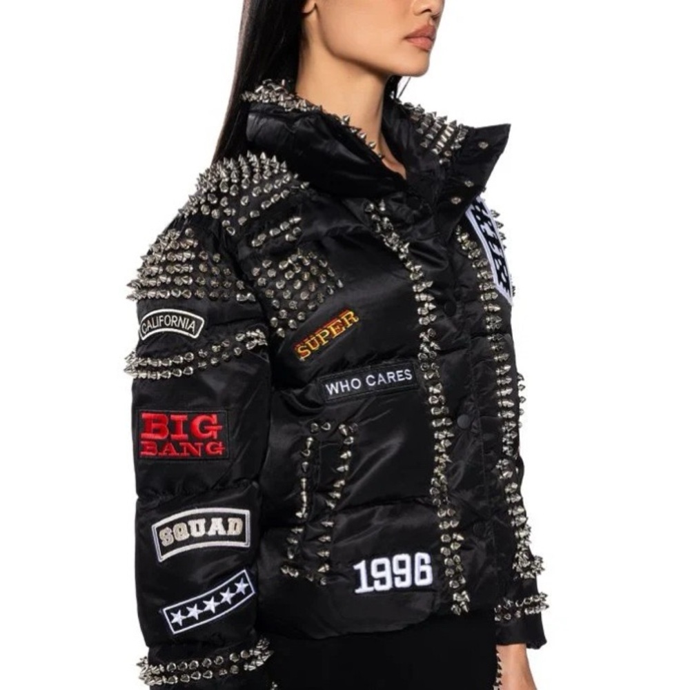 ACDC SPIKED PATCH PUFFER COAT IN BLACK NWT - Picture 6 of 16